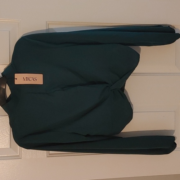 Chiffon Crop Top Blouse Women's XL Emerald Green Long Sleeve Coquette Girl Y2K - Picture 3 of 9